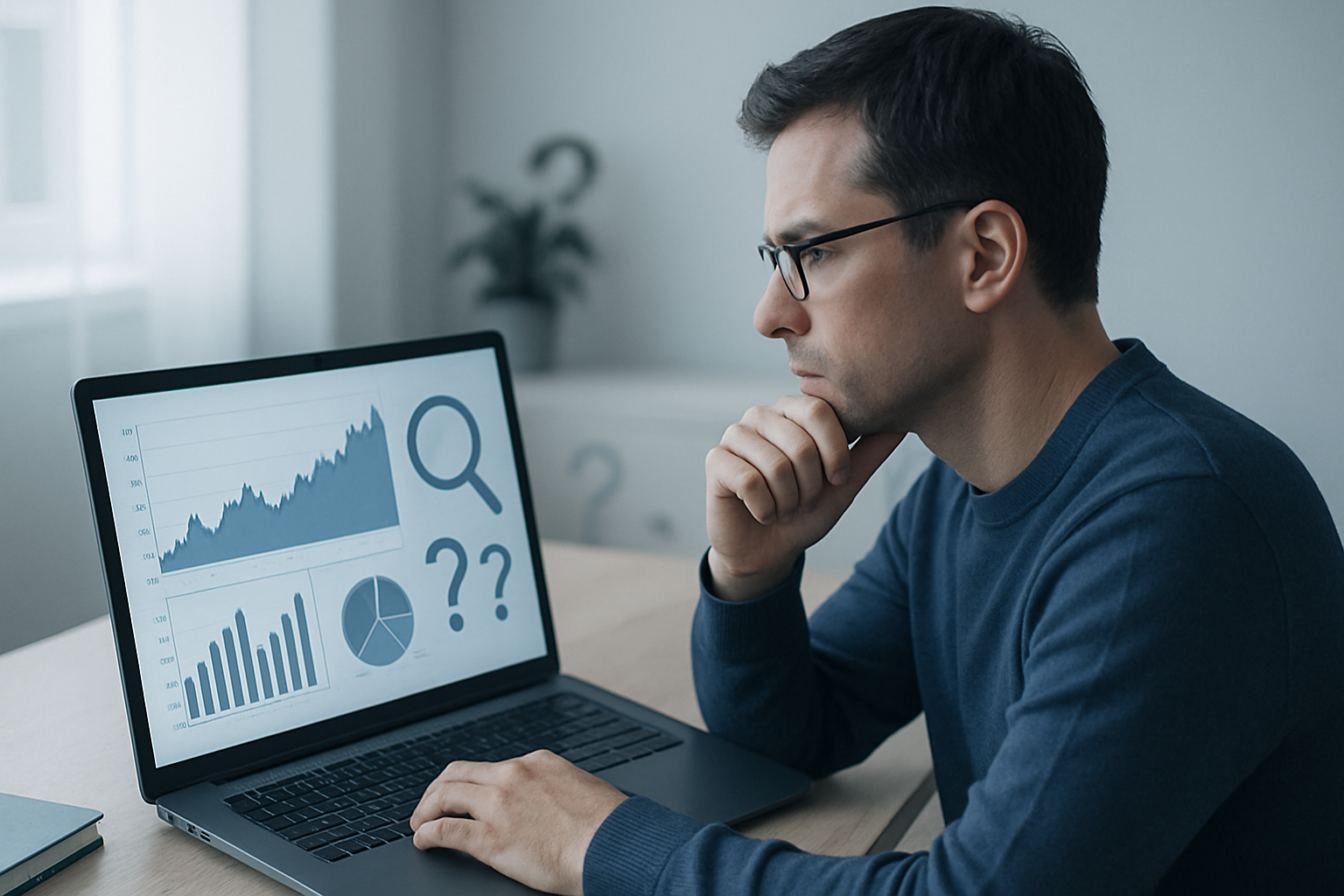 a person thoughtfully analyzing financial charts on a laptop screen in a well-lit, minimalistic workspace. on the screen are subtle elements like question marks or a magnifying glass on screen suggest investigation or review.