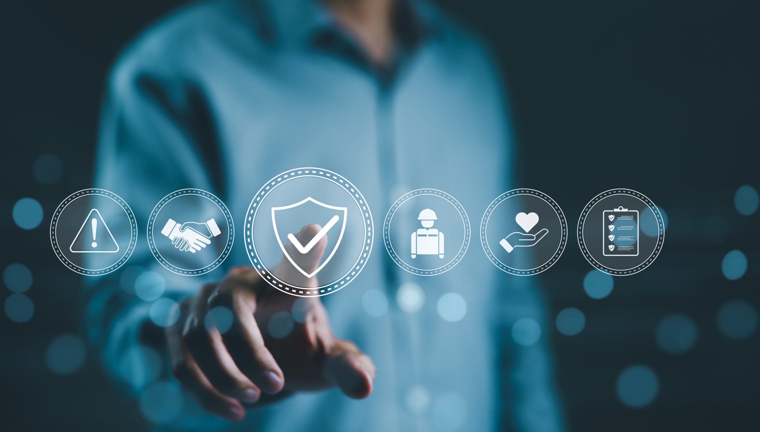 Businessman interacting with virtual icons representing safety, trust, compliance, and regulation in a digital interface, highlighting security and transparency.